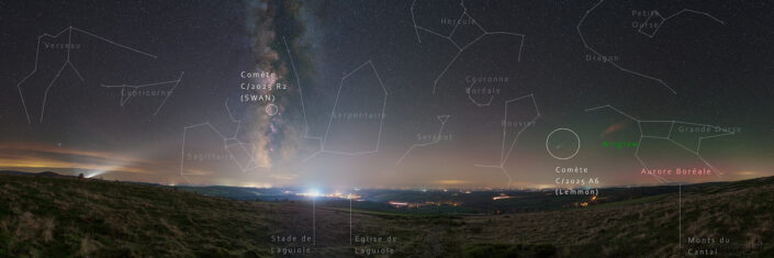 Panorama Voie Lactée et Comètes au dessus de Laguiole - annoté